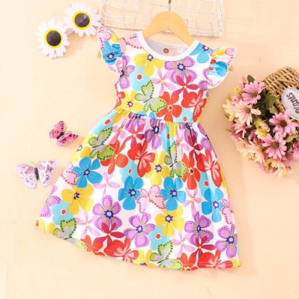 Butterfly print fly-sleeve waist A-line dress for children