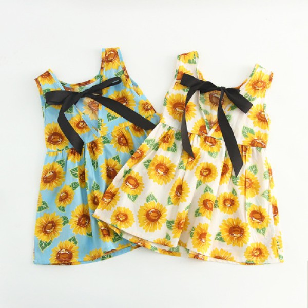 Children's dress Ribbon white sunflower summer dress for girls