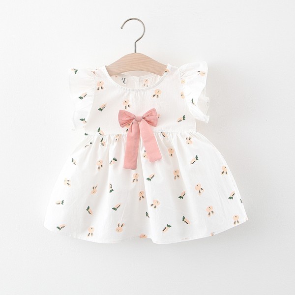 Girls' short sleeved dress with bow cotton skirt