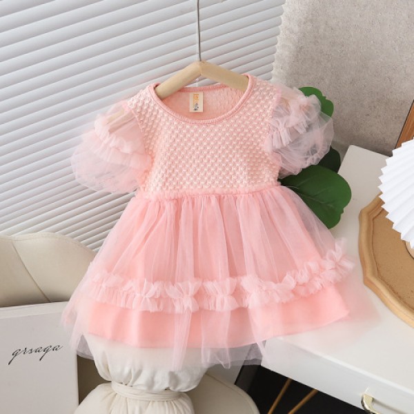 Girls' puffy mesh dress with puffed sleeves