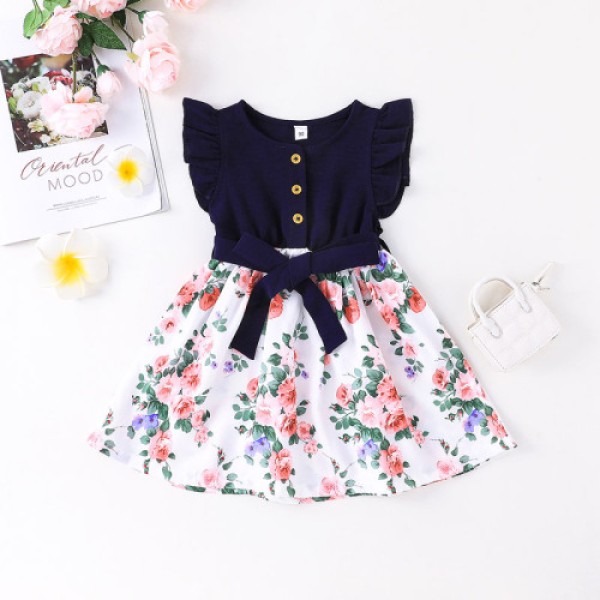 New summer sweet girls floral dress with lace sleeves