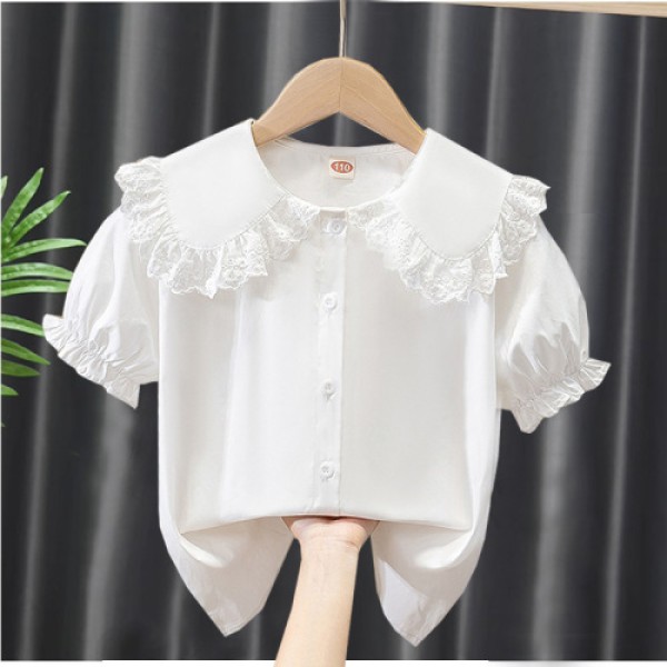 Girls short-sleeved shirt summer new cotton shirt doll shirt white top